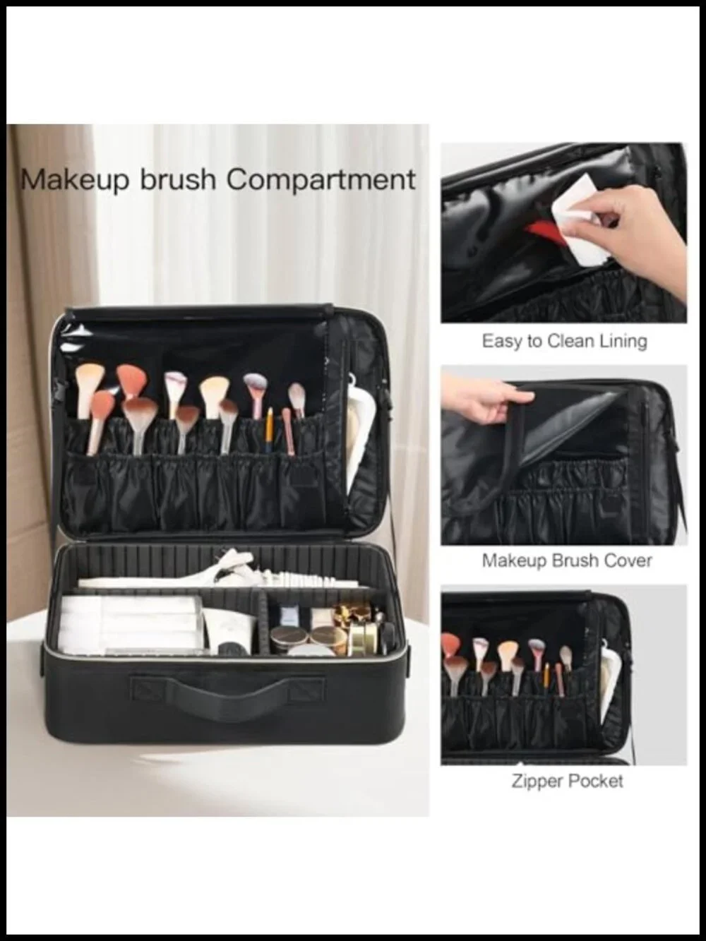 Makeup Travel Case with Dividers and Brush Storage, PU Leather, Portable